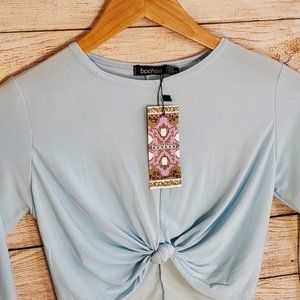 NWT Boohoo Baby Blue Twist Front Crop Top Size 4
